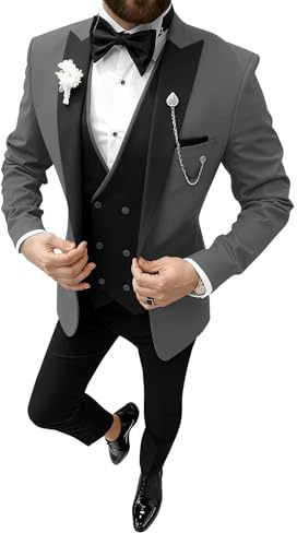 TUXBURNTXZ Black and Grey Suit for Men Tuxedo Suit Slim Fit Double Breasted Suit XL
