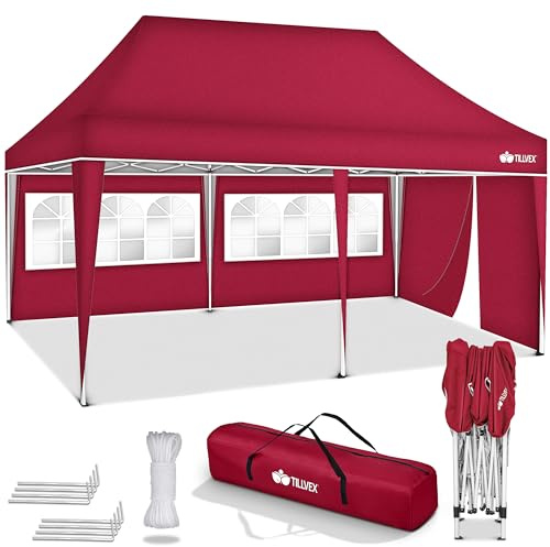 tillvex Cenador plegable de 3 x 6 m resistente al agua, altura regulable, protección ultravioleta de 50+, carpa para fiestas en el jardín, con bolsa (rojo, con 3 paneles laterales)
