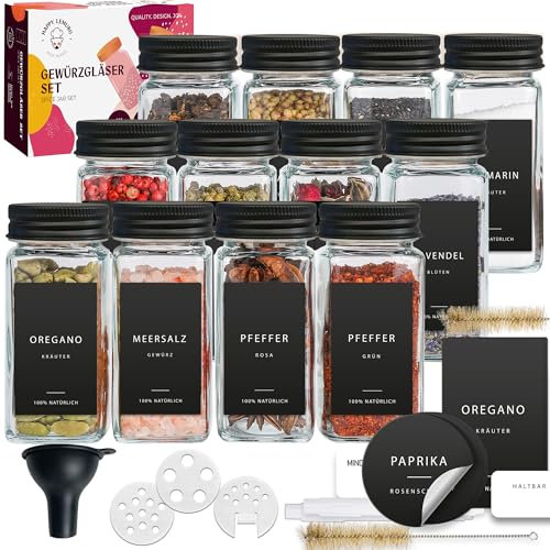 Happy Lemuro Lot de 12 pots à épices carrés [12 x 120 ml] avec 279 étiquettes en allemand | Couvercle mat en noir | Récipient à épices avec couvercles en métal et bac à saupoudrer