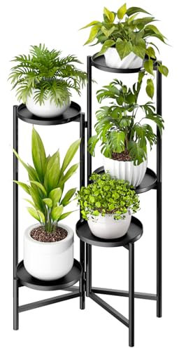 Bamworld Plant Stand Indoor 5 Tier Corner Plant Shelf for Multiple Plants Foldable Metal Flower Stand for Living Room Bedroom Balcony Garden Patio Black