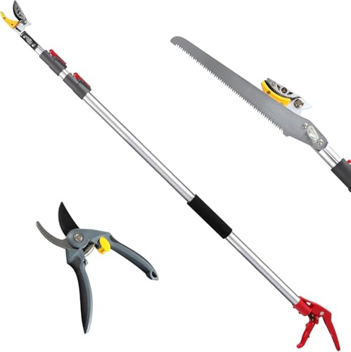 campMax 1.4-3m Extendable Tree Pruner with Pole Saw Pruning Shear, Telescopic Long Reach Pruner Tree Trimmer with Bypass Clippers, Lightweight Adjustable Fruit Picker for Tree Branch Cutter