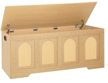 DINZI LVJ Storage Chest, 47.2 Rattan-Like Toy Box with 2 Safety Hinges, Wooden Entryway Storage Bench with Flip-Top, Large Trunk for Living Room, Bedroom, Easy Assembly, Natural