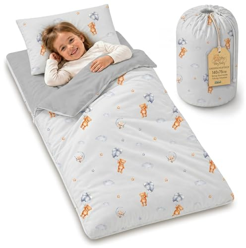 Sac de Couchage Enfant avec Coussin et Fermeture éclair pour bébé de 3 à 7 Ans - 75x140 cm Sac de Couchage intérieur pour garderie Maternelle Oeko-Tex 75 x 140 Ours en Peluche
