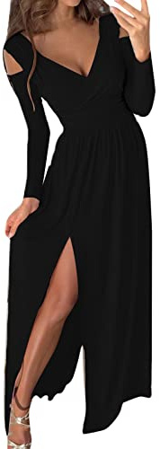 Robe De SoiréE Femme Sexy- Robe Longue Chic Et Elegant-Robe Moulante Fendu à éPaules DéNudéEs Col V Dress Pas Cher AjustéE Taille Haute Robes pour FêTe Cocktail Ceremonie Couleur Unie Dress