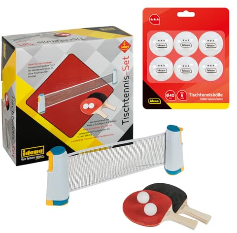 Idena 90958 - Set de Tenis de Mesa con Red, Dos Palas y Dos Pelotas, Incluye 6 Pelotas de Tenis de Calidad 3 Estrellas, Blancas, diámetro 40 mm, fácil de Montar en Cualquier