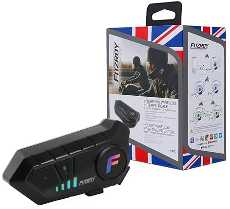 FITZROY Interfono Casco Moto Bluetooth 5.3 - Ideale per Interfono Moto Coppia Fino a 300m - Cancellazione Rumore CVC DSP e Impermeabile IPX6 - Batteria 1000mAh Universale per iOS e Android