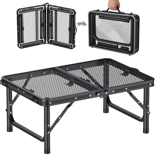 HOMGEN 2ft Folding Camping Table with 3 Adjustable Heights, 58 x 40cm Aluminum Portable Table Lightweight Picnic Table for Outdoor Indoor Kitchen Garden, 3 Heights (25/47/70cm) (Black Iron Mesh)