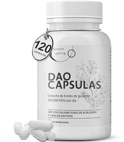 DAO Cápsulas – 120 Cápsulas con Diamina Oxidasa (DAO) de Brotes de Guisante – Enzima DAO Alta Actividad – Hasta 300.000 HDU por Dosis Diaria – DAO Complex