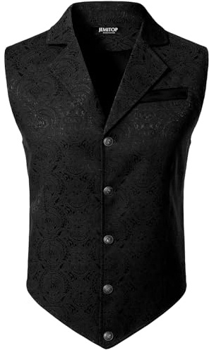 JEMITOP Men's Vintage Gothic Steampunk Victorian Suit Vest Jacquard Slim Fit Sleeveless Waistcoat Black L
