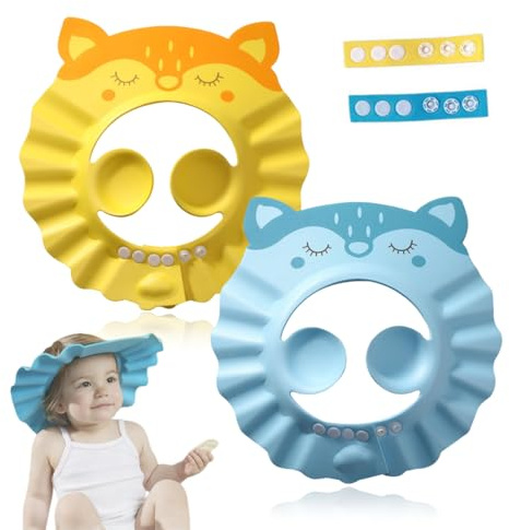 Gorro de Ducha de Bebé Para, Gorro ducha niños, Visera baño niños, Suave Ajustable con Protección para los oídos Gorro de ducha, Evita que los ojos se llenen de Agua y Champú Protege(Azul,Amarillo)