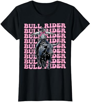 Bull Rider Bull Riding Coquette Bow Pink Ribbon T-Shirt, Women, Black, Large