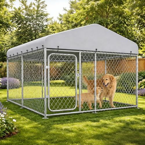 COMHOMA 7.5×7.5FT Outdoor Dog Kennel with Roof,Heavy Duty Metal Dog Enclosure with Weather-Resistant Cover & Secure Lock for Medium Large Dogs