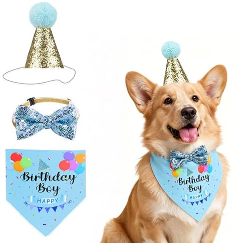 Set di feste di compleanno per cani, 3 pezzi forniture per feste per cani con cappello, bandana e papillon, simpatico regalo di compleanno per animali domestici (blu)
