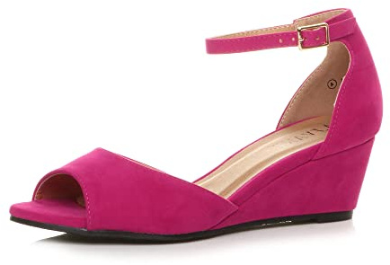Womens Ladies Low mid Wedge Heel Ankle Strap Casual Evening Sandals, 7 UK, Fuchsia Pink Suede