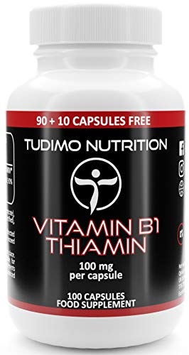 Thiamin Vitamin B1 Hochdosiert 100 mg Kapseln - 100 Stück (3+ Monatsvorrat) an Schnell Auflösende Tabletten, mit je 100mg an Hochwertigem Vit B 1 Thiamine Mononitrate Pulver