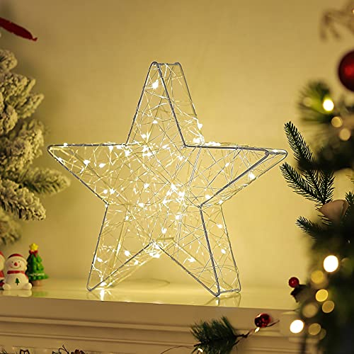 Lewondr Led Stern Tischlampe, 33cm Form Weihnachtslichter Stimmungslicht Batteriebetrieb Nachttischlampe Tischdeko Weihnachtsbeleuchtung Weihnachtsdeko Lichterketten für Zimmer Innen, Warmweiß