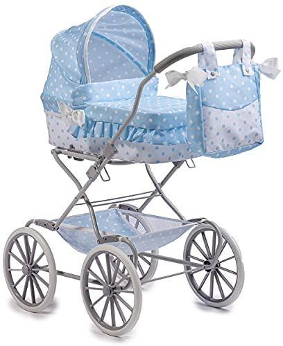 JC Toys- Carro Royal de 4 ruedas, para muñecas de hasta 45 cm, ideal para jugar y pasear, azul y blanco con lunares, bolsa de paseo, diseñado por Berenguer, +3 años