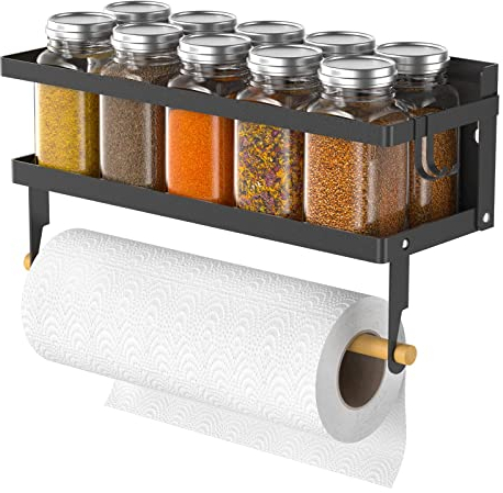 ARVINKEY Spice Rack Magnetic Shelf with Paper Towel Holder Roll and Hooks, Foldable Refrigerator Spice Holder, Wall Mounted Seasoning Organizer Hanging Storage Stand for Home Kitchen