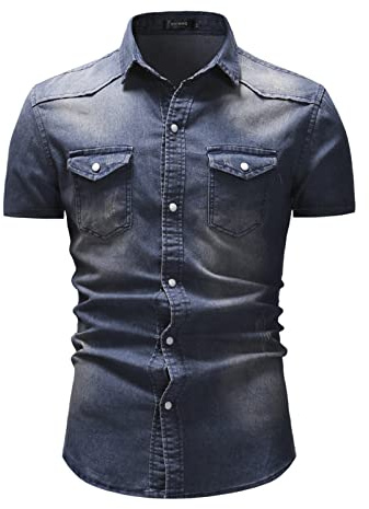 kewing Camicia di Jeans da Uomo in Cotone Camicia da Cowboy Occidentale da Uomo a Maniche Corte Casual Slim Fit
