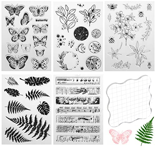 5 Blätter Silikonstempel, 5 Muster Transparente Stempel Blumen Farn Schmetterling Pflanzen Sprüche mit Acrylblock für DIY Journal Scrapbooking Fotoalbum
