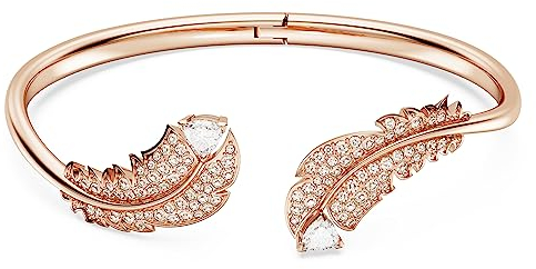 Swarovski Nice Armreif, Rosé Vergoldetes Damenarmband mit Feder-Motiv und Strahlenden Swarovski Kristallen