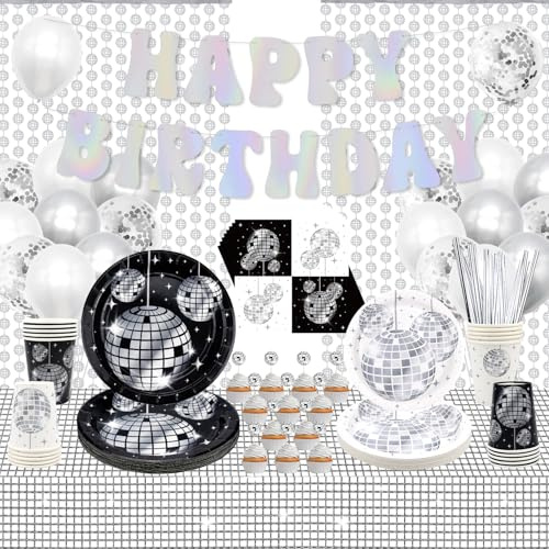 70s Disco Party Supplies Tableware, Includes Banners, Plates, Cupcake Toppers, Napkins, Cups, Tablecloths, Disco Ball Foil Curtain, for Disco Birthday Picnic Travel Decorations Serves 20 (Set A)