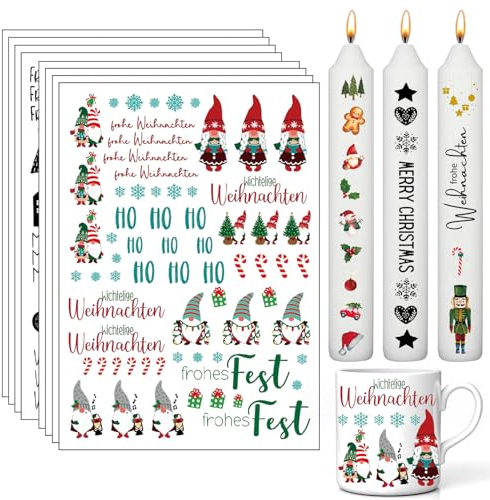 LYNBLY 8Pcs Kerzentatoo Weihnachten, Kerzenfolie Weihnachten, Weihnachten Kerzen Sticker, Kerzen Wasserschiebefolie, DIY Kerzensticker für Stabkerzen Kleine Kerzen Tasse Keramik