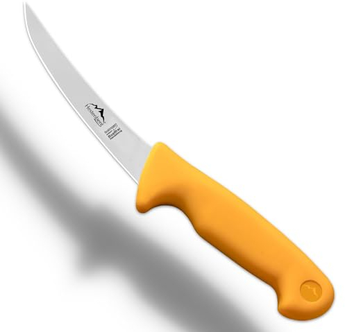HESTENBERG Solingen Germany - Cuchillo para deshuesar recto y curvado en amarillo, adecuado como cuchillo de carnicero, cuchillo de carnicero y cuchillo de carne (5 pulgadas curvada)
