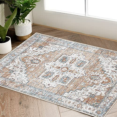 TOPICK Felpudo de 60 x 90 cm, entrada bohemia, antideslizante, lavable, para interior, pelo corto, estampado floral oriental, pequeña alfombra para dormitorio, cocina, baño, comedor, naranja/azul