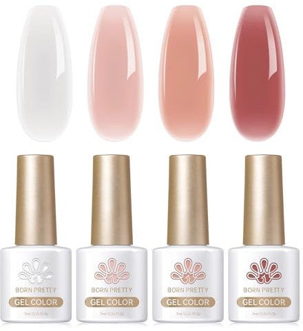 BORN PRETTY Jelly Gel Nail Polish Nude Pink Milky White Rose Gel Polish Set Sheer Clear Crystal Translucent French Manicure Gel for Salon DIY Home 4Pcs