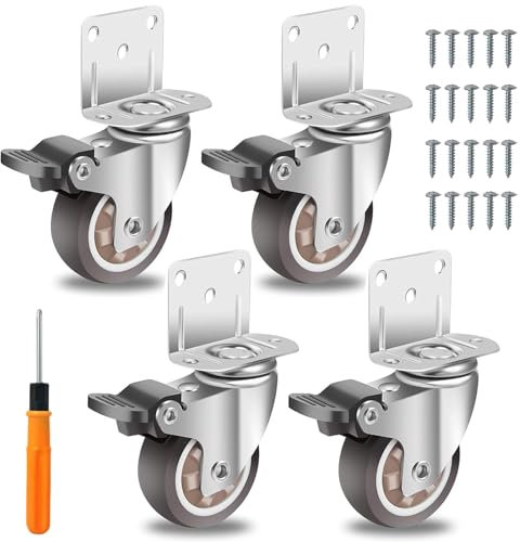Juego de 4 ruedas para muebles, en forma de L, con freno, ruedas giratorias de 50 mm a 67,5 kg por rueda, ruedas de carga pesada de 360 grados con 20 tornillos, 1 destornillador (SCL-01)