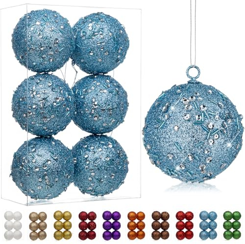 Oairse 8cm Large Christmas Bauble Ornaments 6 Pcs Shatterproof Big Blue Bauble for Xmas Tree Glitter Christmas Tree Ornaments for Halloween Holiday Wedding Party Decoration
