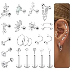 KRFY 22 Pezzi Piercing Orecchio Trago 16G Set Orecchini Donna Acciaio Chirurgico Ipoallergenica Trago Conch Helix Piercing Argento