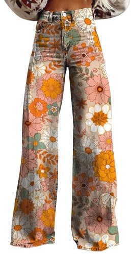 70er Jahre Schlaghose Für Damen – Boho 60er Hose Hippie Blumen High Waist Outfit Disco Kostüm Yogahose Leggings Denimhose Vintage Stickerei Schlagjeans Elegante Bootcut Röhrenjeans Flared Pants