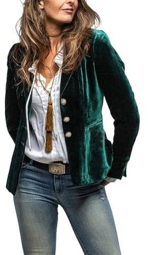 Kyzoeyou Women's Velvet Blazer Suit Casual Long Sleeve Jacket Classic Notched Collar Workwear Three Button Closure Office Formal Suits(Green XX-Large)