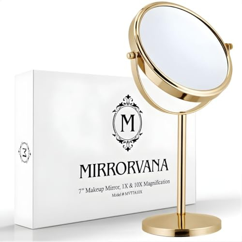 Mirrorvana Espejo de Maquillaje aumentos 10x con Soporte para Dormitorio y baño Espejo de Mesa Independiente Doble Cara 10x/1x 35 cm x 18 cm (Oro)