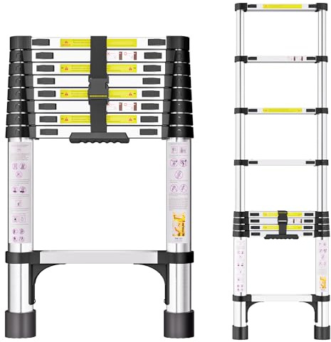 Scala Telescopica in Acciaio Inox 2,6m Scala Estensibile Portatile con Piedini Antiscivolo, Scale Portatile Allungabile per Soffitta, Coperture, Camper, Decorazione e Manutenzione