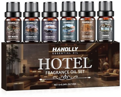 HANOLLY Aceites Esenciales para Hotel 6x10ML, Juego de Aceite Esencial Naturales para Humidificador Difusor Velas perfumes hogar, Mi Ruta, Estado de Sueño, Costa Serena, Flor Dorada, Ascua, Medianoche