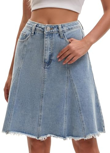 CIMUK Jupe en Jean Femme Coupe Trapèze Taille Haute Ourlet Brut | Coupe Évasé avec Poches Style Décontracté