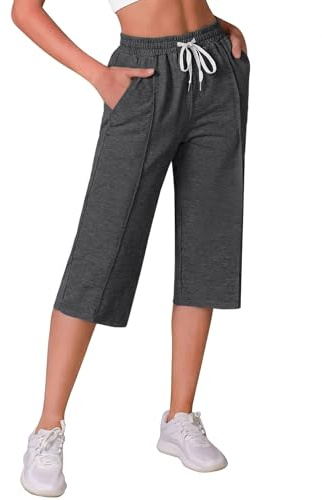 Crewhpo Pantaloni 3/4 Donna Estivi Pantaloni Capri Elegante Pinocchietti Casual Larghi con Tasche Pantaloni Sportivi Vita Alta per Yoga Palestra Jogging Fitness Sport Grigio Scuro 3XL