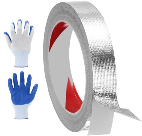 sourcing map 1 Pack Fiberglass Aluminum Foil Tape, 20mm x 20m Adhesive Aluminum Foil Heat Shield Tape Heat Resistant Sealing Tape High Temp Protection with Gloves for HVAC, Pipe, Auto