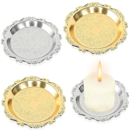 Qury 4 tableros de Velas, Plato de Metal Vintage para Velas y decoración del hogar (Dorado, Plateado, 8,9 cm)