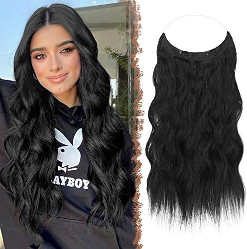 FESHFEN Extension Capelli Filo Invisibile - Nero Extensions Fascia Unica Capelli Lunga Ondulati Mossi Naturale Sintetici Posticci Ricci Extension Finti Capelli per Donna 40 cm