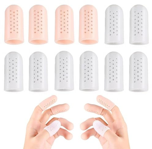 MYZWEL 12 Pcs Protector Dedos Mano, Dedales de Silicona Transpirable con Agujeros, 6 Pares de Dediles para Dedos Mano, Fundas Protectoras para Grietas, Piel Seca y Uñas, 2 Color Piel y 4 Blanco