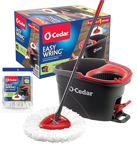O-Cedar EasyWring SpinMop, röd/grå, snurrmopp med 1 extra påfyllning