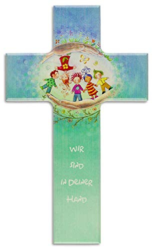 kruzifix24 Devotionalien Kinderkreuz Wir sind in Deiner Hand - Kinder geborgen in Gottes Hand - Taufkreuz Geschenk zur Geburt Geschenkidee Holzkreuz 20 x 12 cm