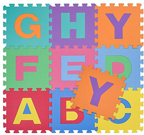 BAKAJI Tappeto Puzzle Colorato in Morbida Gomma Eva Resistente, Isolante, Lavabile, Tappetino da Gioco per Bambini (10 pz Lettere)