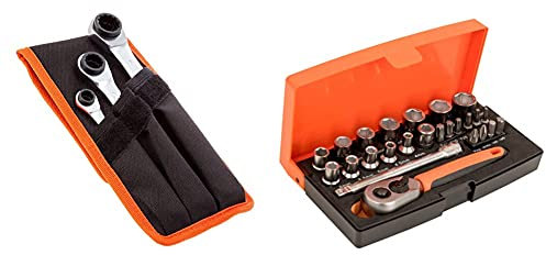 Bahco S4RM / 3T Chrome Vanadium Steel Socket Wrench Set, Size 8mm-19mm & SL25 Ratchet Socket Set, Metric 1/4 Drive, 25 Pieces