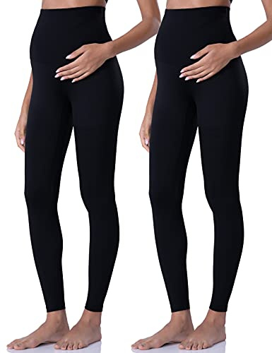 POSHDIVAH Women's Maternity Leggings Over The Belly Pregnancy Yoga Pants Active Wear Workout Leggings 2pcs Black Small