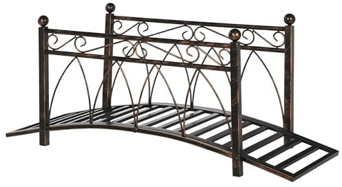 Outsunny 3.3' Metal Arch Zen Garden Bridge with Safety Siderails, Decorative Footbridge, Delicate Scrollwork & Corner Spheres for Stream, Fish Pond, Bronze